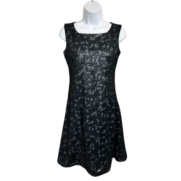EBZA Black A-Line Dress Sz Small Mesh Floral Sequin Sleeveless Lined Knee Length - Picture 7 of 7